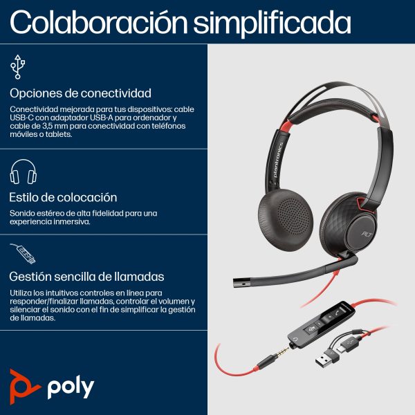 Poly Audífonos con Micrófono BlackWire 5220, Alámbrico, 2 Metros, Negro
