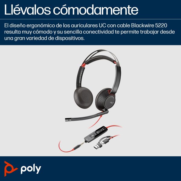 Poly Audífonos con Micrófono BlackWire 5220, Alámbrico, 2 Metros, Negro - Image 4