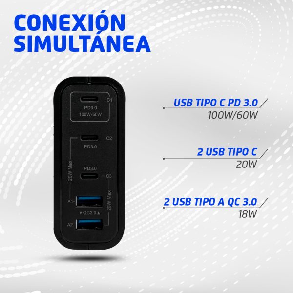 CARGADOR DE PARED VORAGO AU-600 TIPO C 100W PD 5 PUERTOS QUICK CHARGE 3.0 NEGRO - Image 2