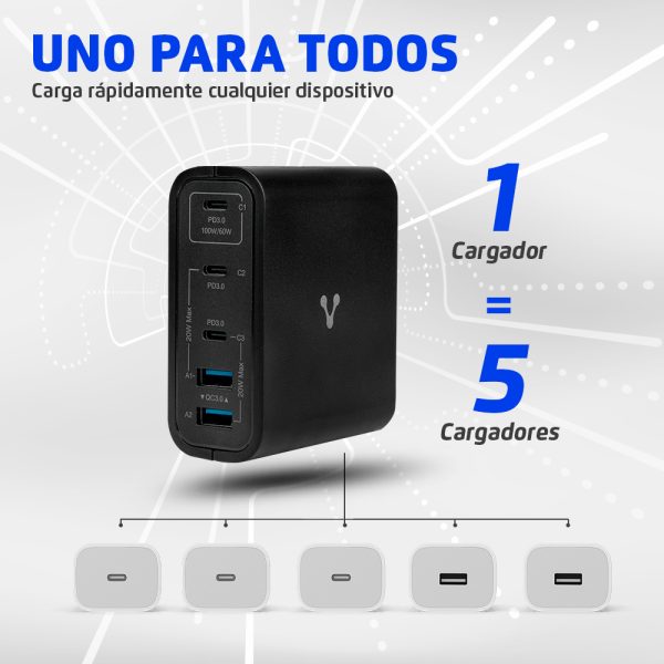 CARGADOR DE PARED VORAGO AU-600 TIPO C 100W PD 5 PUERTOS QUICK CHARGE 3.0 NEGRO - Image 3