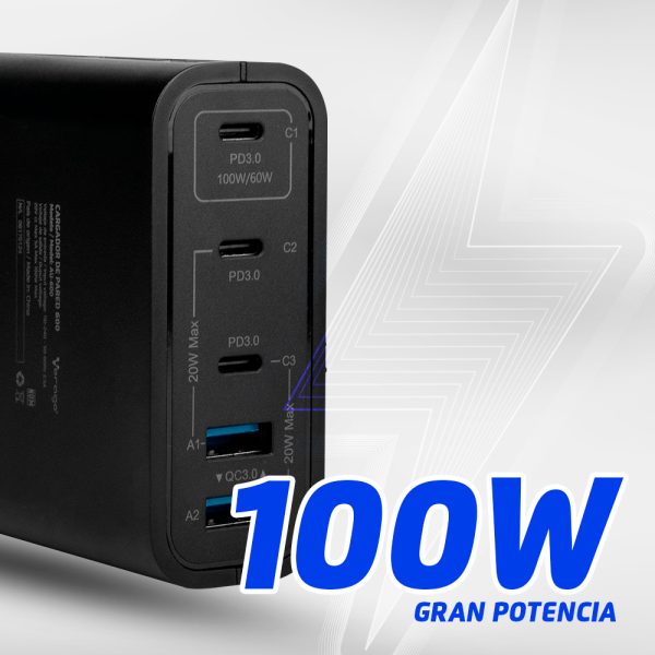 CARGADOR DE PARED VORAGO AU-600 TIPO C 100W PD 5 PUERTOS QUICK CHARGE 3.0 NEGRO - Image 4