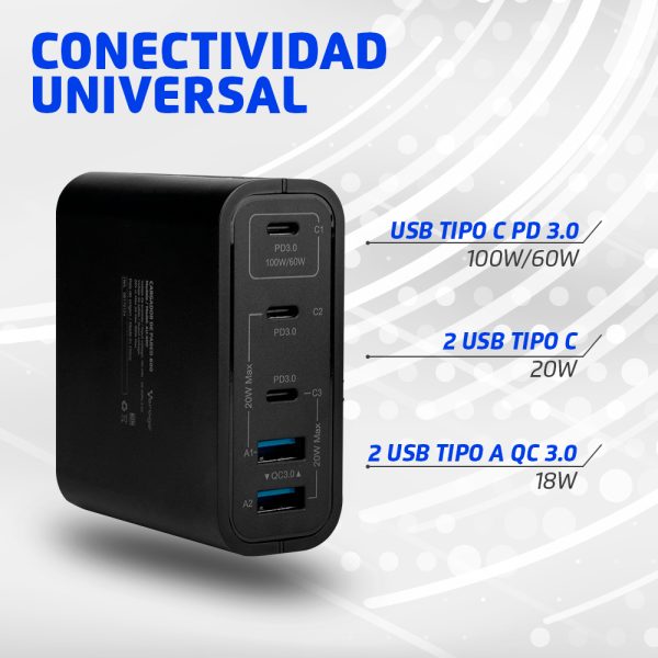 CARGADOR DE PARED VORAGO AU-600 TIPO C 100W PD 5 PUERTOS QUICK CHARGE 3.0 NEGRO - Image 5