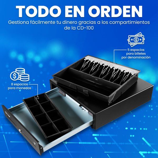Caja Vorago CD-100 - 5 Billete - 8 Moneda, - Accionado por la impresora - Metálico - Negro - Image 2