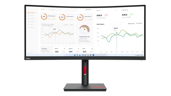 Monitor LED Lenovo ThinkVision T34w-30 34" (863.6mm) Class UWQHD Pantalla curva - 21:9 - Negro oscuro - 86.4cm (34") Viewable - Vertical Alignment (VA) - WLED Retroiluminación - 3440 x 1440 - 16,7 Millones de colores - 350cd/m² - 4ms - 60Hz Refresh Rate - HDMI - DisplayPort - Concentrador USB