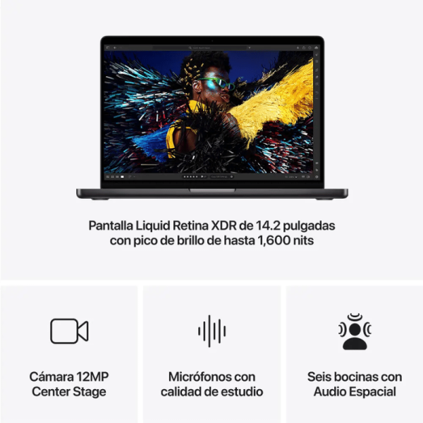 Portátil - Apple MacBook Pro MW2U3E/A 36.1cm (14.2") - Apple M4 - 16GB - 512GB SSD - Español Teclado - Negro - Apple M4 Chip - 3024 x 1964 - Apple - Tecnología True Tone, Pantalla Liquid Retina - Cámara Frontal/Cámara Web - 24Horas Duración de pilas - IEEE 802.11ax Wireless LAN Standard MB PRO 14IN  M4 10 CPU Y 10 GPU16GB 512GB SSD Negro Espacial - Image 6