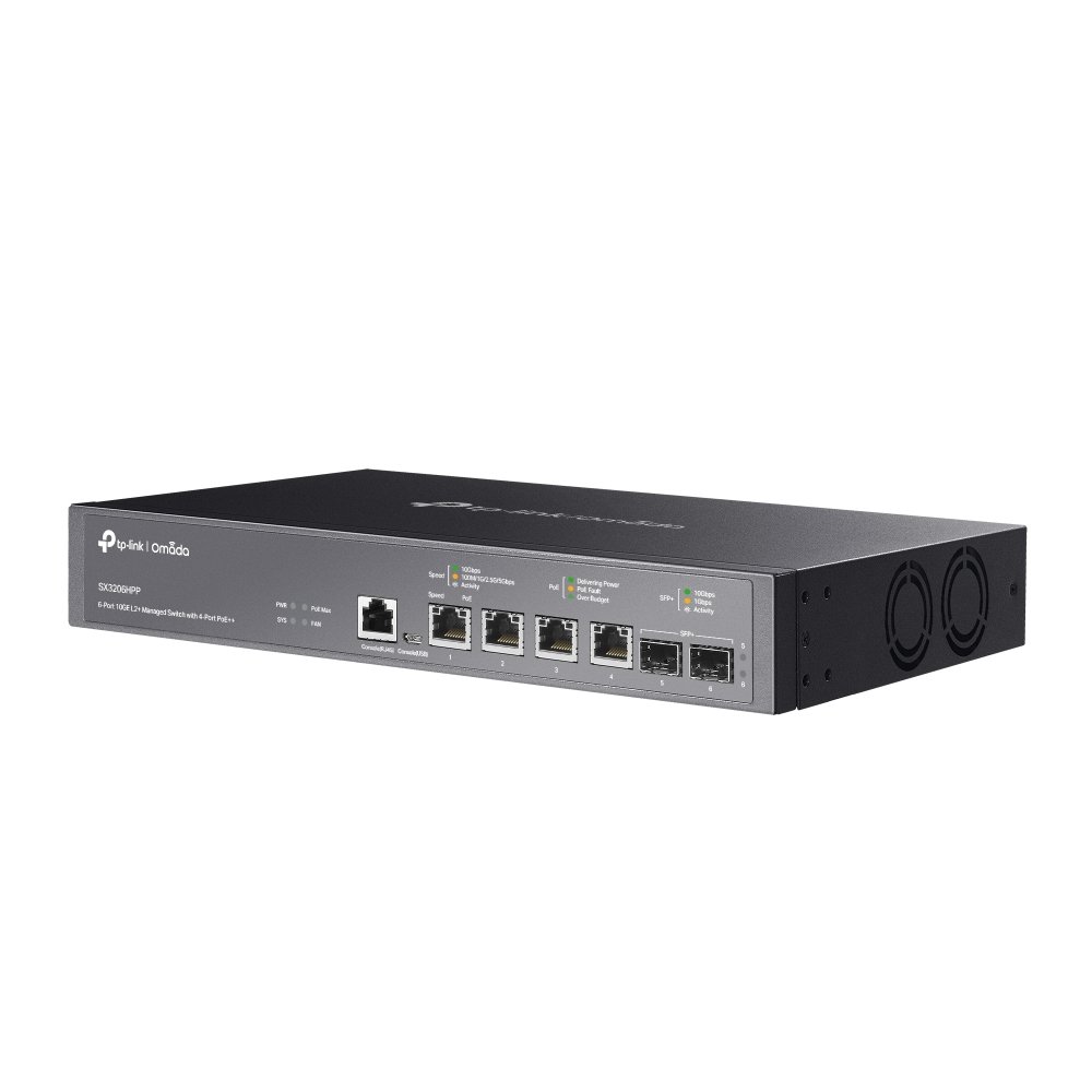 TP-Link Omada SX3206HPP 4 Puertos Gestionable Conmutador Ethernet - Ethernet de 10 gigabits - 10GBase-T, 10GBase-X - 2 Capa compatible - Modular - 244.90W Power Consumption - 200W Rendimiento PoE - Par trenzado, Fibra Óptica - PoE Ports - Montable en bastidor, De Escritorio - Imagen 3